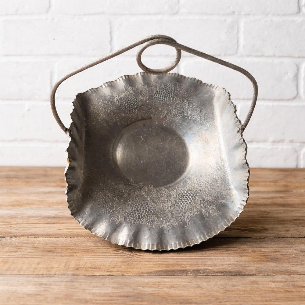 Hammered Aluminum Basket‎ Floral Embossed Loop Handle Designed Aluminum 1940s